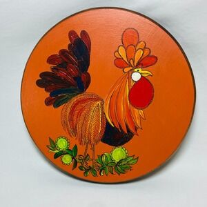 Vintage Folk Art Round Hanging Wood Wall Plaque Rooster 1970s Wooden Handpainted